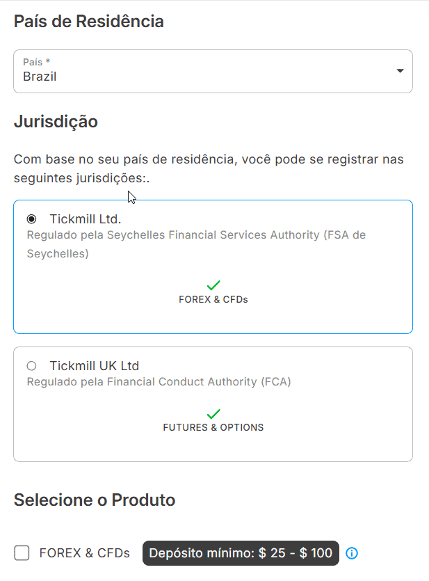 Seção de país de residência na abertura de conta da Tickmill.