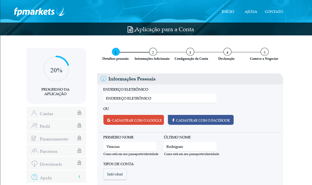 Página de cadastro de conta FP Markets
