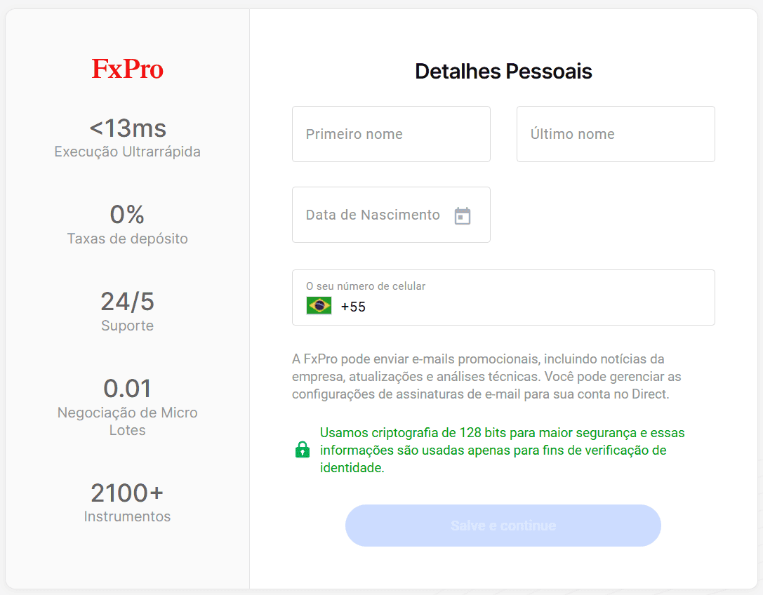 Dados de abertura de conta na FxPro