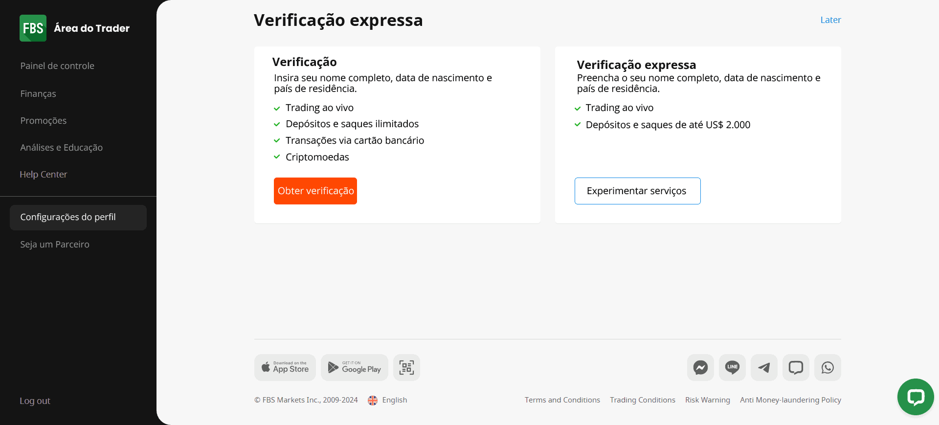 Abertura e verificação de conta da FBS