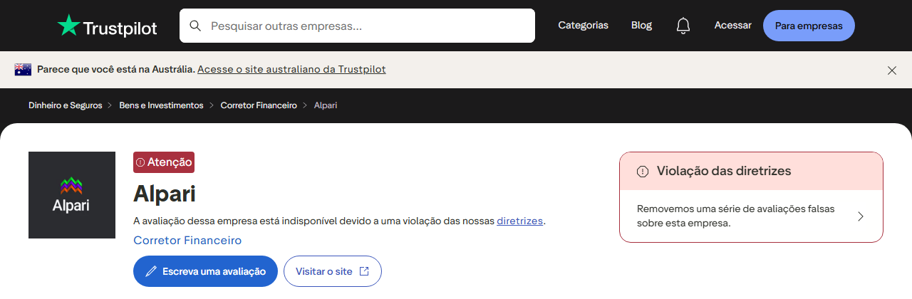 Perfil da Alpari no Trustpilot: nota indisponível por violação das diretrizes (captura de 25 de setembro de 2026)