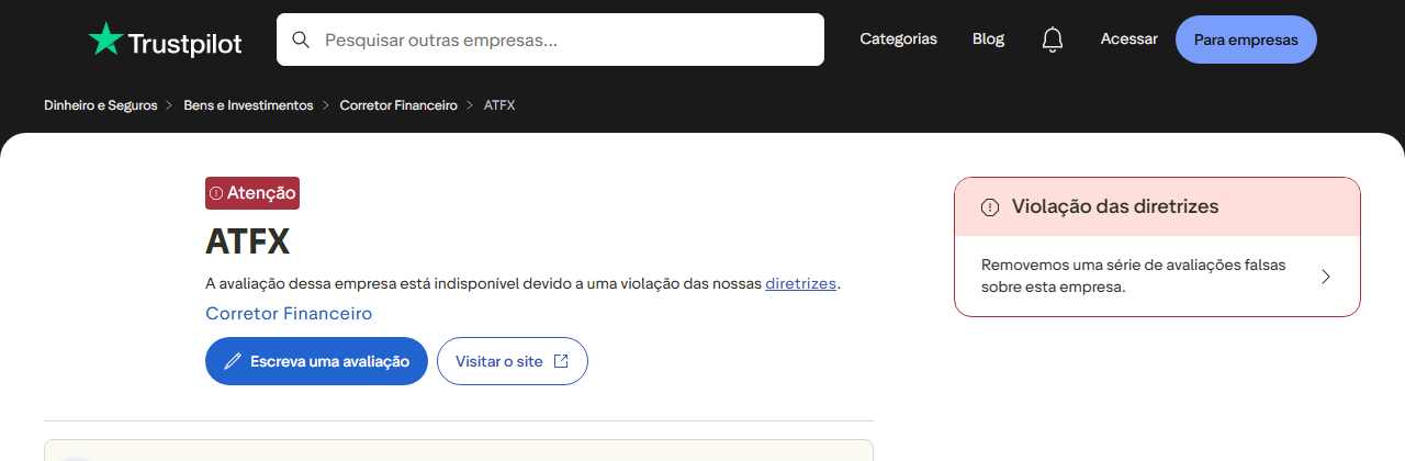 Perfil da ATFX no Trustpilot: nota indisponível por violação das diretrizes (captura de 25 de setembro de 2026)