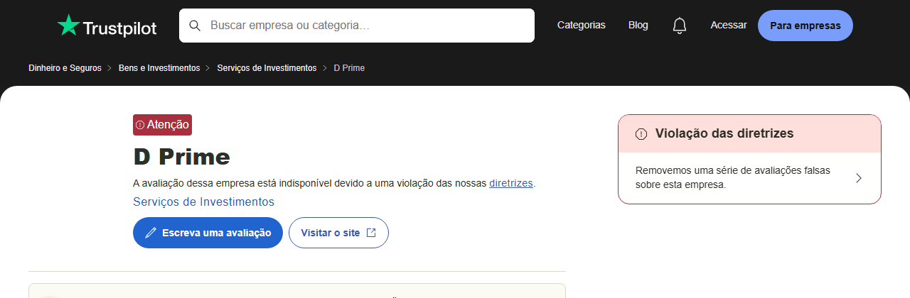 Perfil da Doo Prime no Trustpilot: nota indisponível por violação das diretrizes (captura de 25 de setembro de 2026)