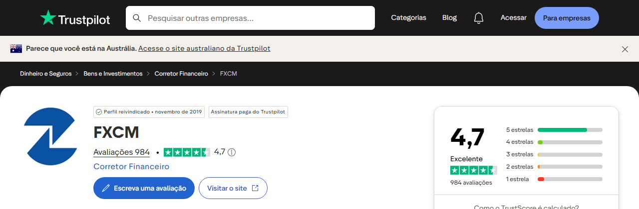Nota da FXCM no Trustpilot: 4,7 de 5 com 984 avaliações (captura de 25 de setembro de 2026)
