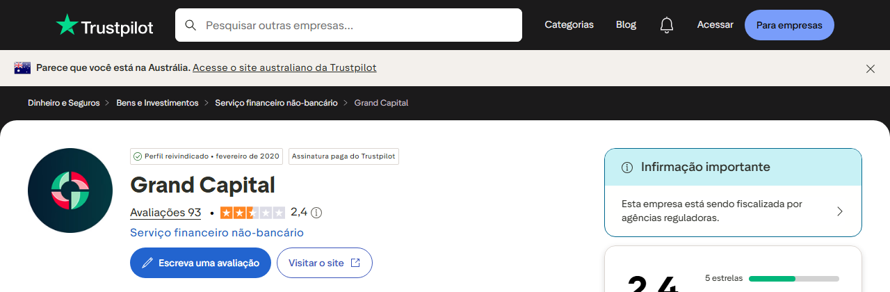 Nota da Grand Capital no Trustpilot: 2,4 de 5 com 93 avaliações (captura de 25 de setembro de 2026)