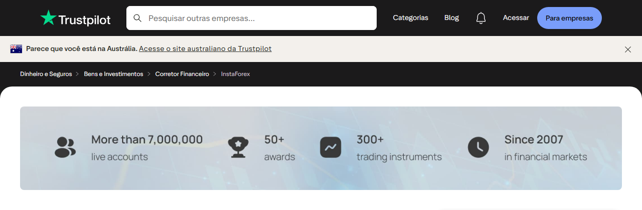 Nota da InstaForex no Trustpilot: 2,5 de 5 com 539 avaliações (captura de 25 de setembro de 2026)