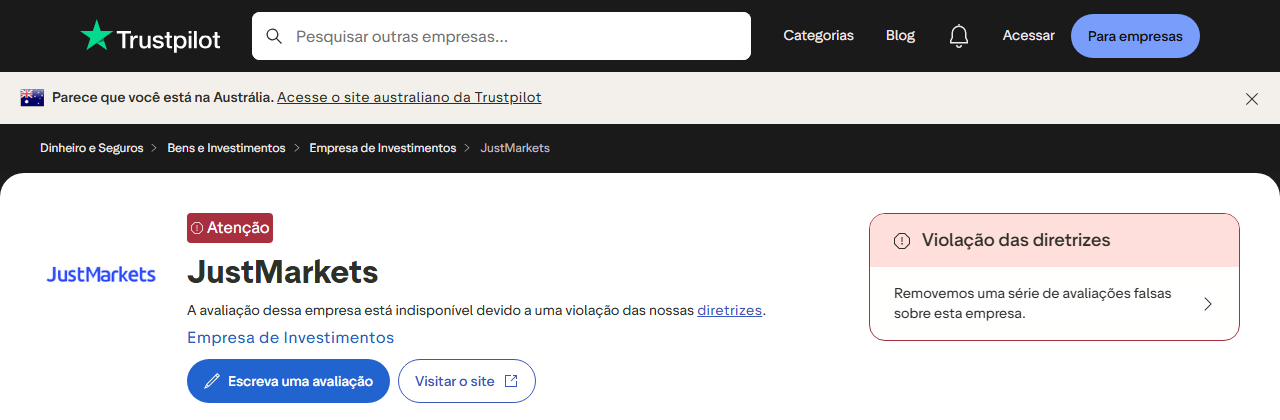 Perfil da JustMarkets no Trustpilot: nota indisponível por violação das diretrizes (captura de 25 de setembro de 2026)