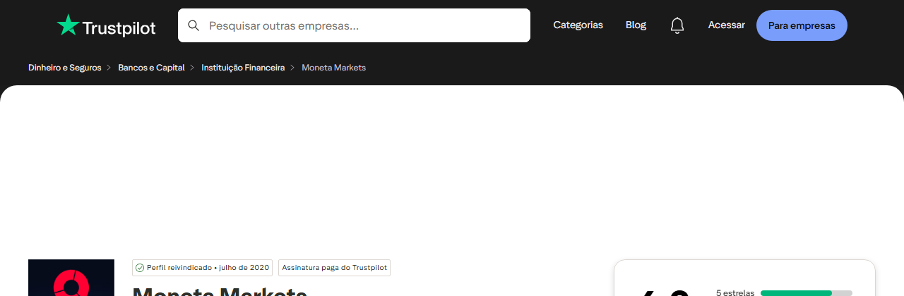Nota da Moneta Markets no Trustpilot: 4,2 de 5 com 615 avaliações (captura de 25 de setembro de 2026)