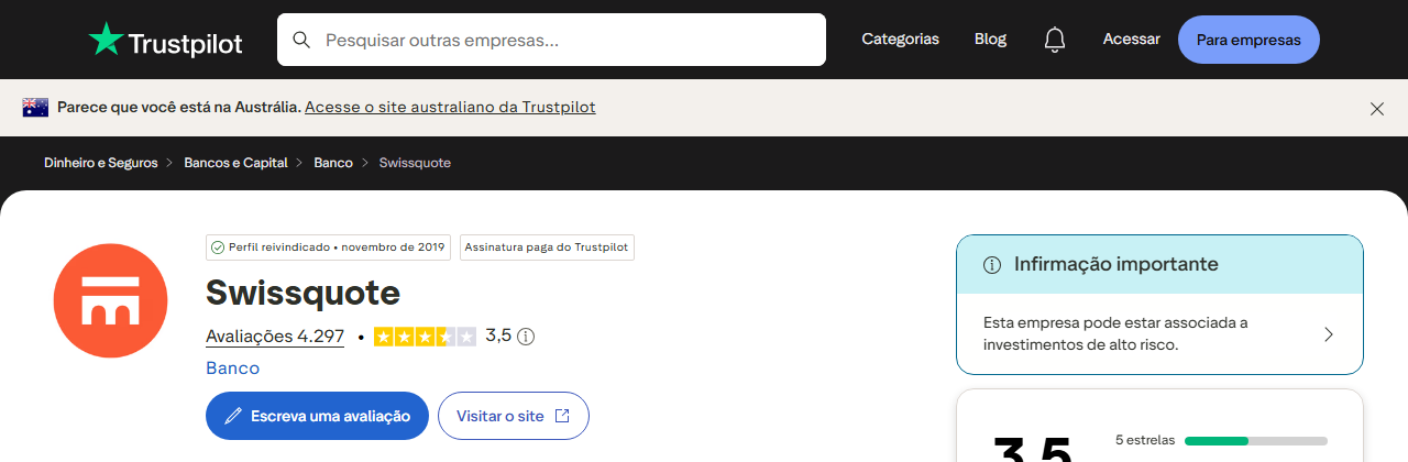 Nota da Swissquote no Trustpilot: 3,5 de 5 com 4.297 avaliações (captura de 25 de setembro de 2026)