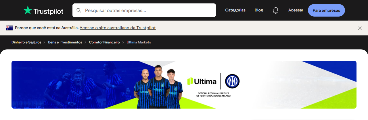 Nota da Ultima Markets no Trustpilot: 4,3 de 5 com 956 avaliações (captura de 25 de setembro de 2026)