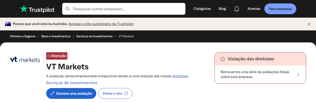 Perfil da VT Markets no Trustpilot: nota indisponível por violação das diretrizes, 2.895 avaliações (captura de 24 de setembro de 2026)
