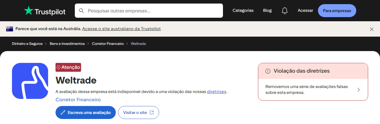 Perfil da Weltrade no Trustpilot: nota indisponível por violação das diretrizes (captura de 25 de setembro de 2026)