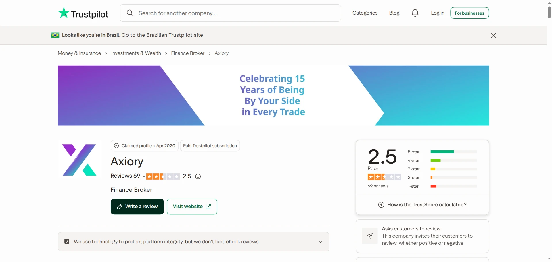 Captura da página da Axiory no Trustpilot em 23/10/2026, com nota 2,5 de 5 e 69 avaliações