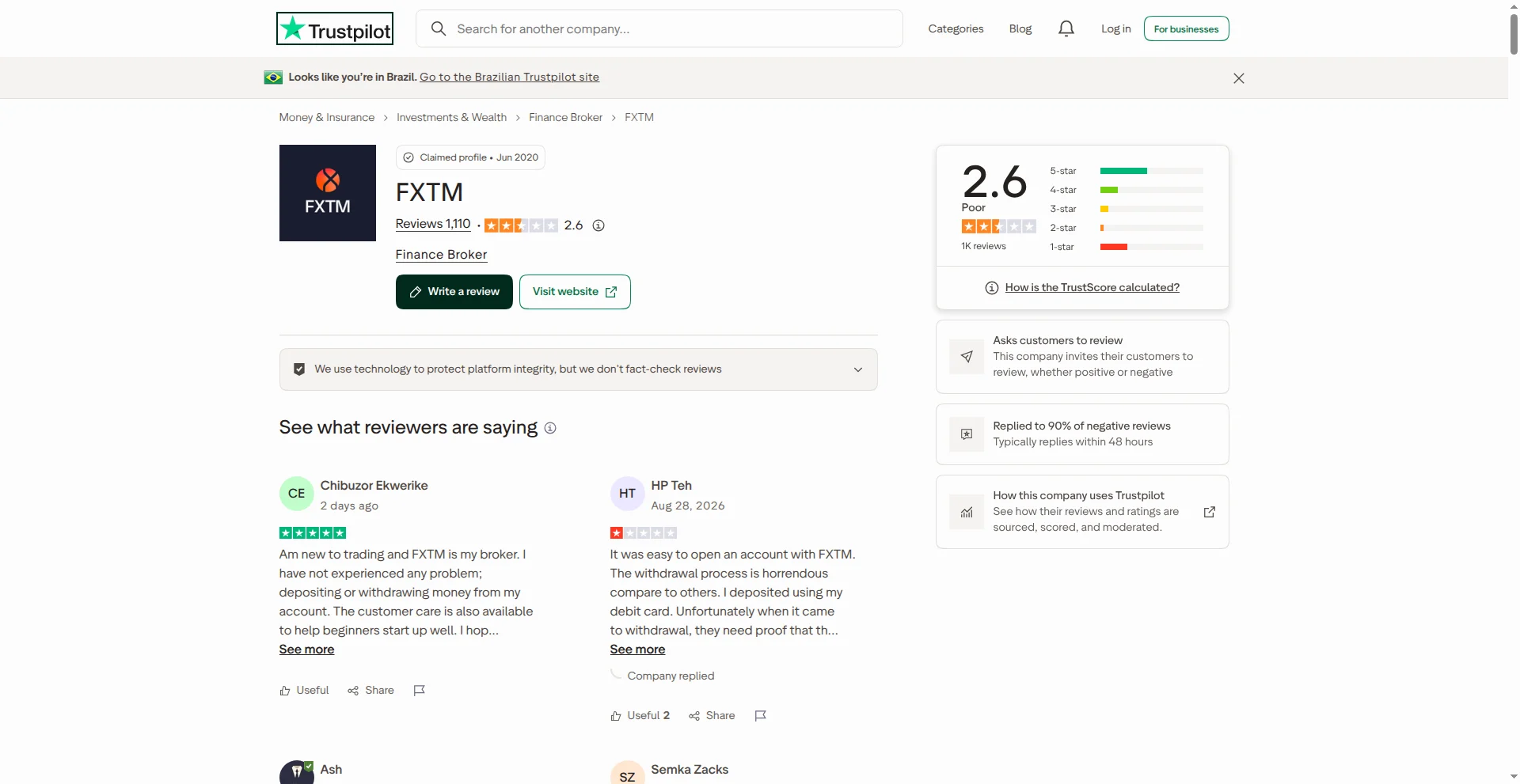 Página do Trustpilot da FXTM em 23 de outubro de 2026 com 2,6 estrelas em 5 e 1.110 avaliações