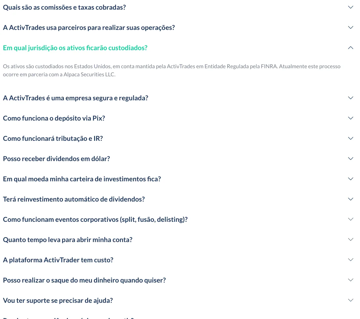 Perguntas e respostas da ActivTrades CCTVM sobre os ativos custodiados nos Estados Unidos.
