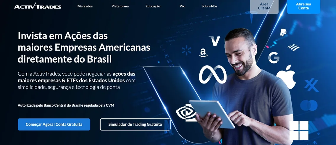 Página inicial da ActivTrades CCTVM, com a oferta de ações e ETFs dos Estados Unidos.