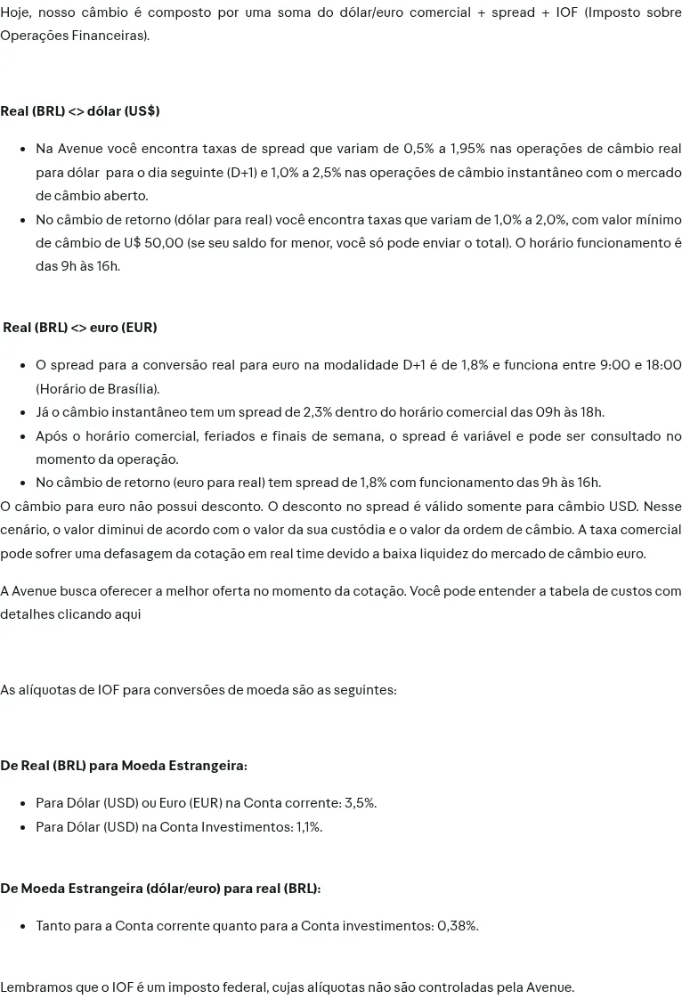 Central de dúvidas da Avenue com os custos do câmbio, incluindo o câmbio de retorno para reais.