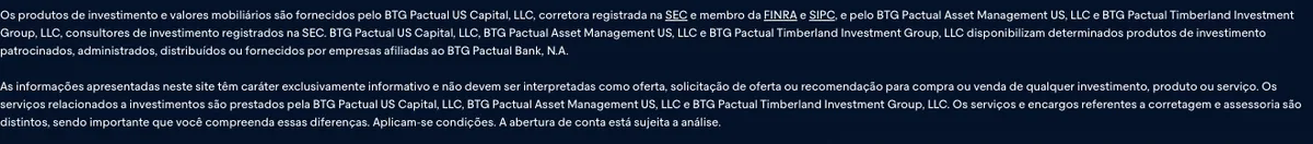 Aviso legal do BTG Pactual nos EUA: os produtos de investimento são fornecidos pela BTG Pactual US Capital, LLC, registrada na SEC e membro da FINRA e da SIPC.