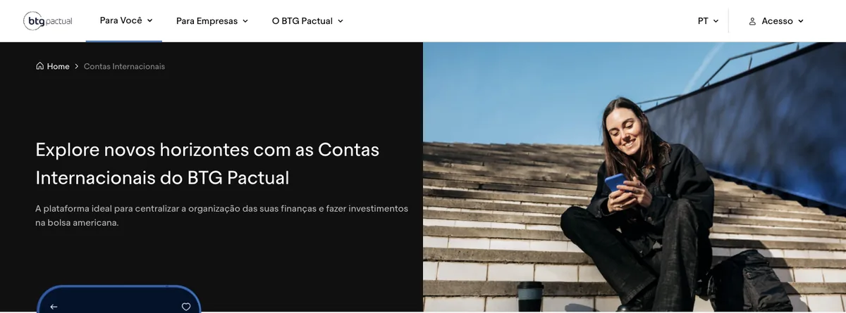 Página das Contas Internacionais no site do BTG Pactual nos Estados Unidos, em português.