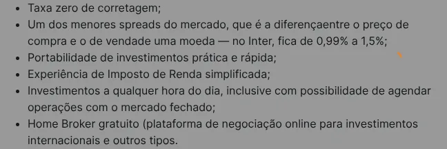 Guia do Inter sobre investir no exterior, com o spread cambial de 0,99% a 1,5%.