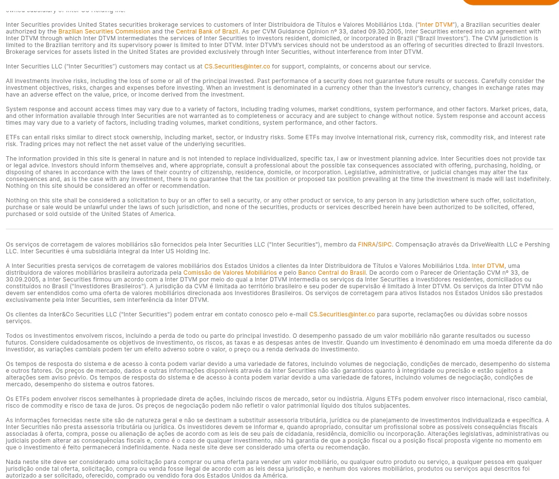 Página da Inter Securities com o aviso legal que cita o Parecer de Orientação CVM 33/2005.