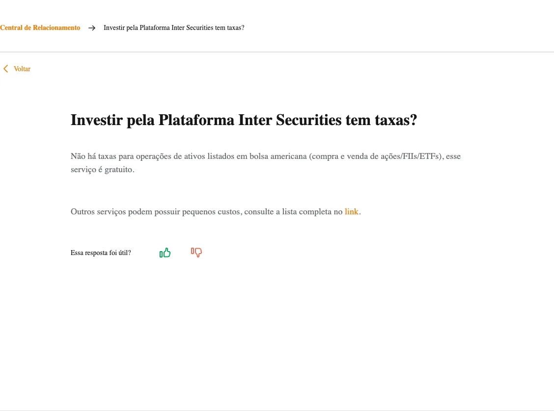 Central de ajuda do Inter sobre as taxas da plataforma Inter Securities.