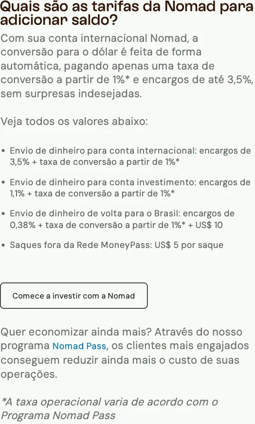 Página de tarifas da Nomad com a linha do envio de dinheiro de volta para o Brasil.