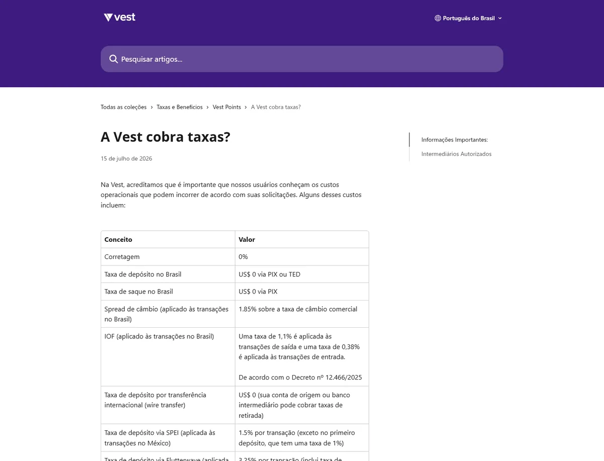 Central de ajuda da Vest sobre as taxas cobradas, com o spread de câmbio.