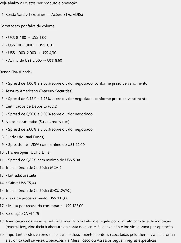 Central de atendimento da XP com a corretagem por faixa da Conta Investimento Global.