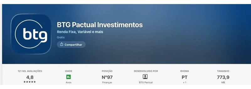Página da App Store do Brasil de BTG Pactual Investimentos, capturada em 11 de set de 2026.