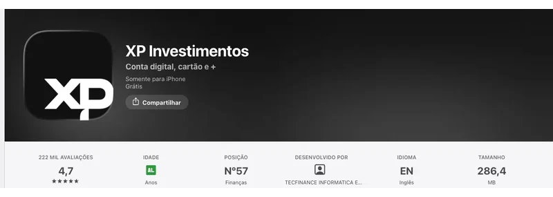 Página da App Store do Brasil de XP Investimentos, capturada em 11 de set de 2026.