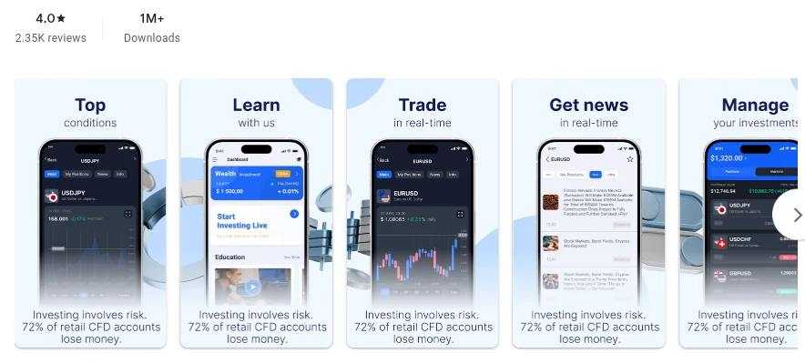 Página da Google Play de Admirals・Stocks trading conforme exibida em Brasil, capturada em 1 de out de 2026.
