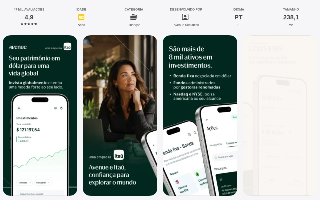 Página da App Store do Brasil de Avenue - Investir em dólar, capturada em 1 de out de 2026.