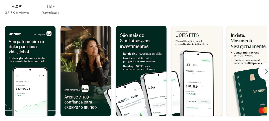 Página da Google Play de Avenue - Investir em Dólar conforme exibida em Brasil, capturada em 1 de out de 2026.