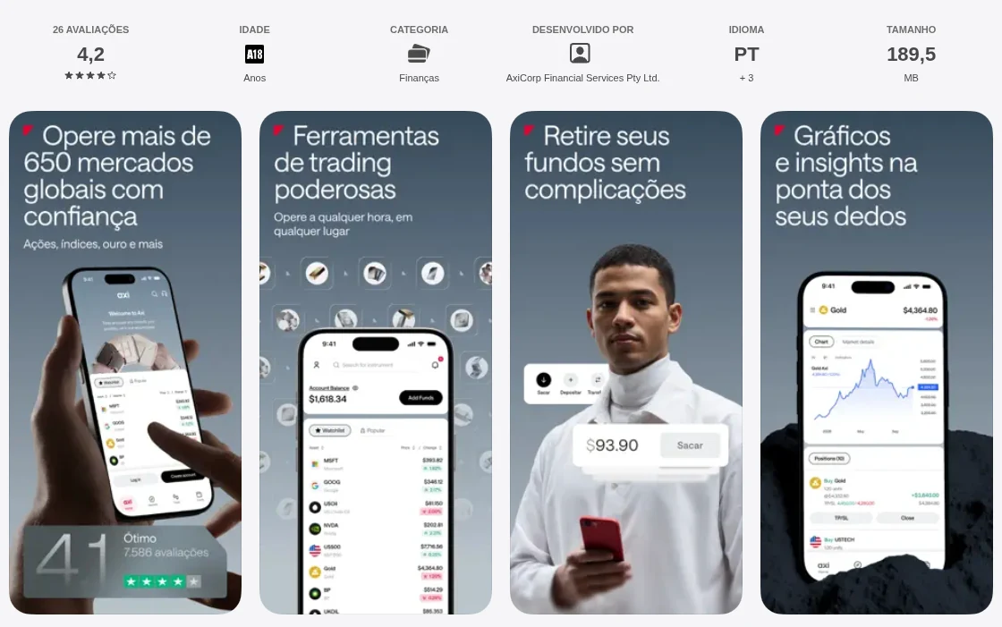 Página da App Store do Brasil de Axi Trading Platform, capturada em 1 de out de 2026.