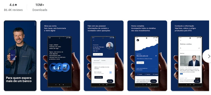 Página da Google Play de BTG Pactual Investimentos conforme exibida em Brasil, capturada em 1 de out de 2026.