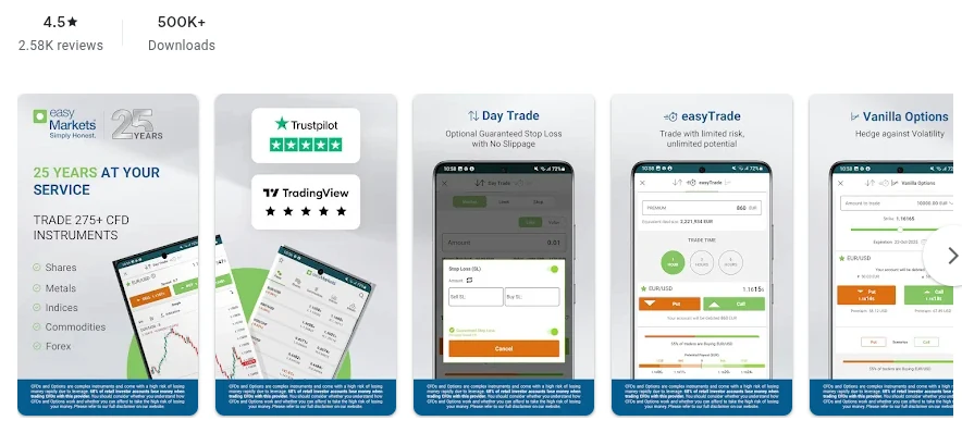 Página da Google Play de easyMarkets Online Trading conforme exibida em Brasil, capturada em 1 de out de 2026.