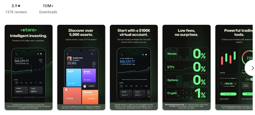 Página da Google Play de etoro conforme exibida em Brasil, capturada em 1 de out de 2026.