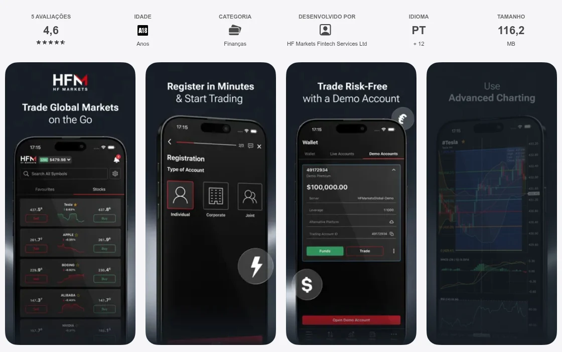Página da App Store do Brasil de HFM - Online Trading, capturada em 1 de out de 2026.