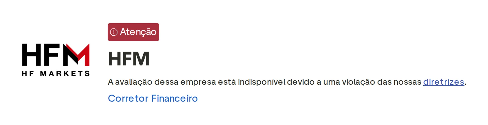 Perfil do Trustpilot de HFM capturado em 1 de out de 2026; o valor é o exibido naquele dia e é recapturado mensalmente.