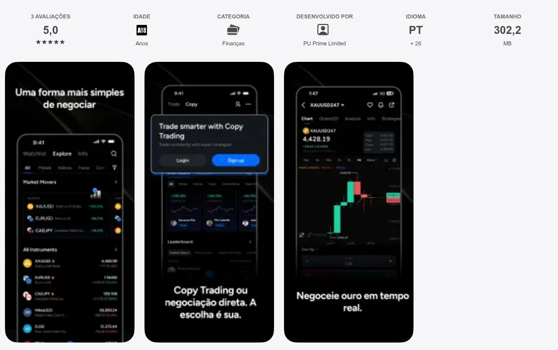 Página da App Store do Brasil de PU Prime - Negociação Forex, capturada em 1 de out de 2026.