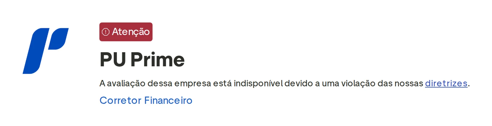 Perfil do Trustpilot de PU Prime capturado em 1 de out de 2026; o valor é o exibido naquele dia e é recapturado mensalmente.