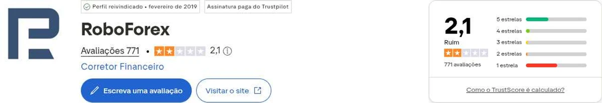 Perfil do Trustpilot de RoboForex capturado em 2 de out de 2026; o valor é o exibido naquele dia e é recapturado mensalmente.