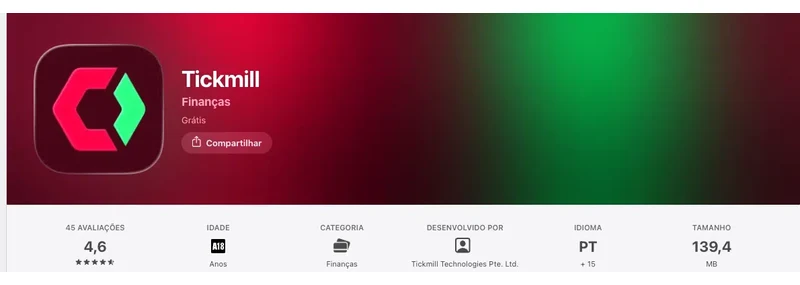Página da App Store do Brasil de Tickmill, capturada em 1 de out de 2026.