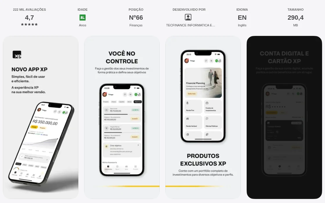 Página da App Store do Brasil de XP Investimentos, capturada em 1 de out de 2026.