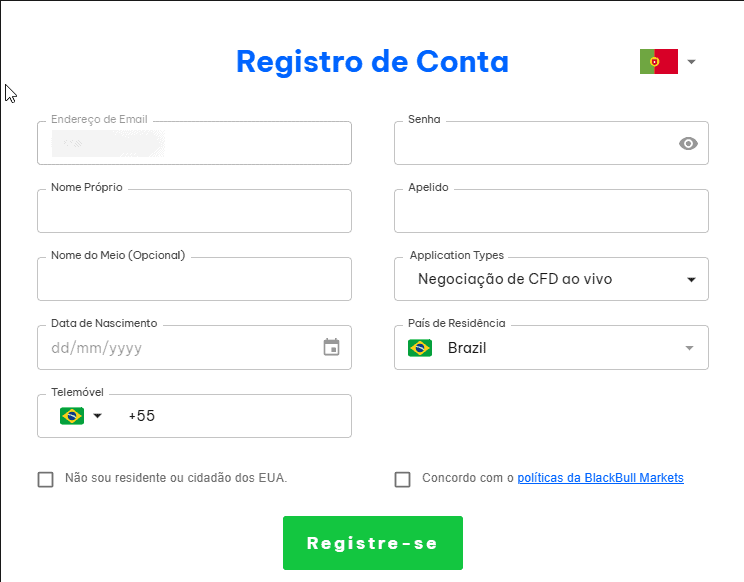 Página de abertura de conta da BlackBull