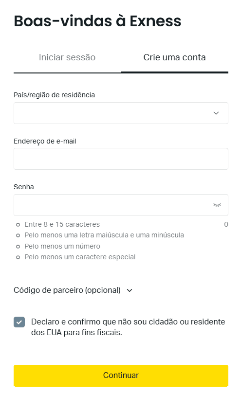 Página de creación de cuenta de Exness