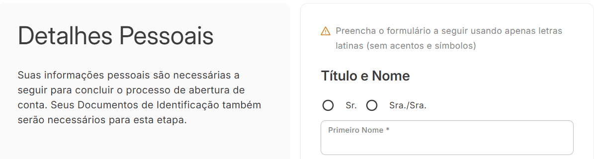 Processo de abertura de conta da Tickmill - detalhes pessoais