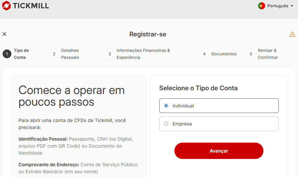 Página de abertura de conta da Tickmill