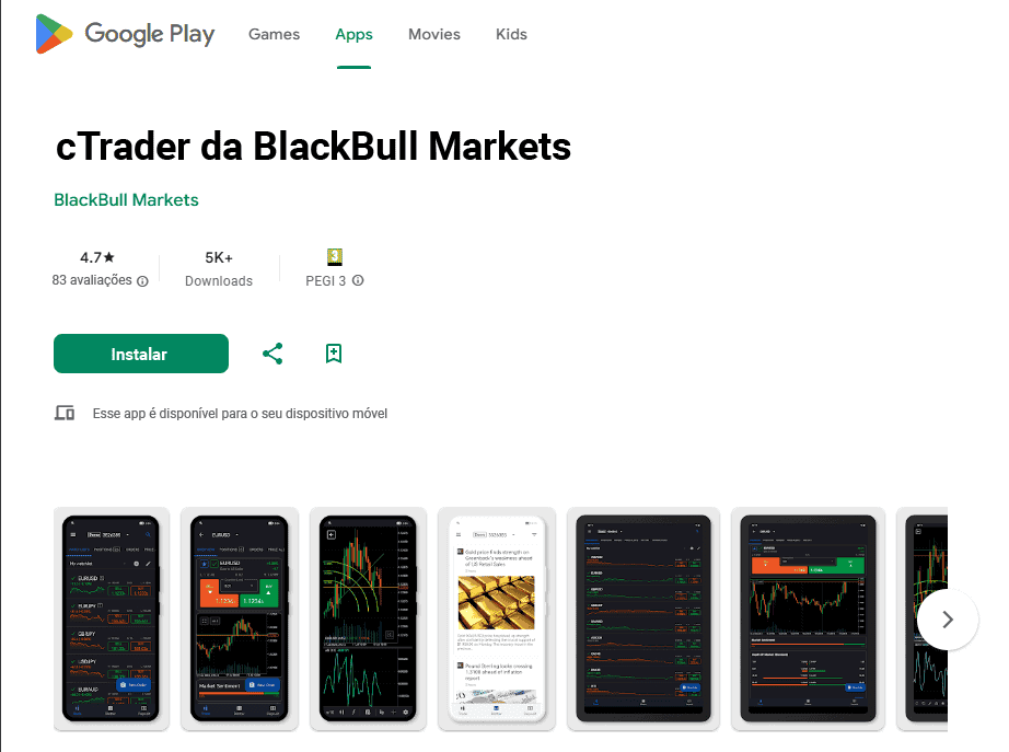 Aplicativo móvel BlackBull Markets cTrader